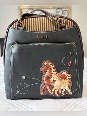 Chala Dark Gray & Brown Horse Appliqué Backpack Purse